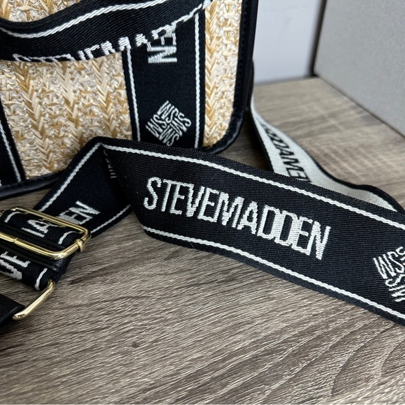 STEVE MADDEN Womens Black Bwebber Straw Satchel Crossbody purse - Picture 2 of 7